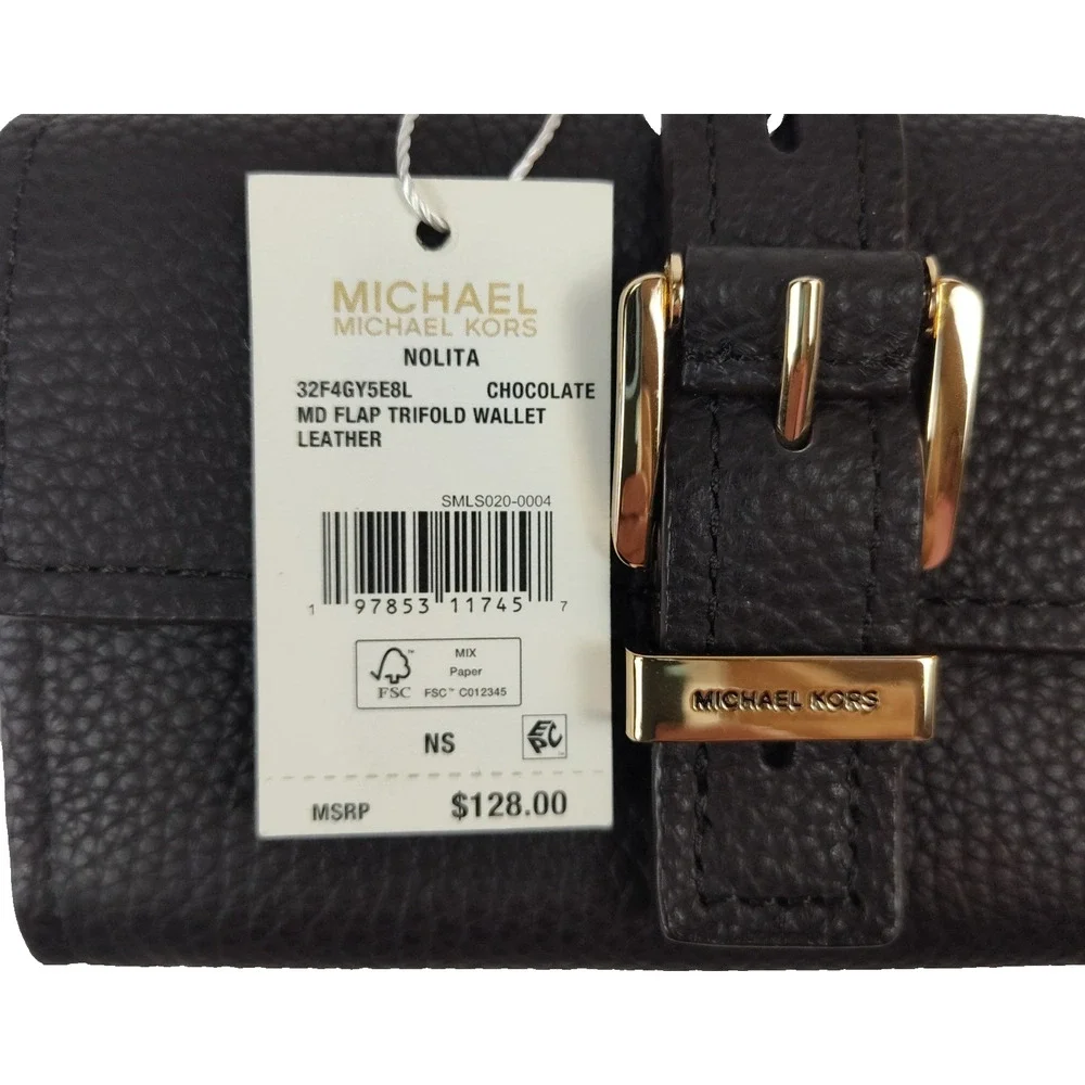 Michael Kors Nolita Medium Pebbled Leather Tri-Fold Wallet-Chocolate Brown-NWT
